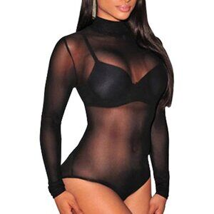 Women's Black Sheer Mesh Long Sleeve Bodysuit Tops See Through Jumpsuit
